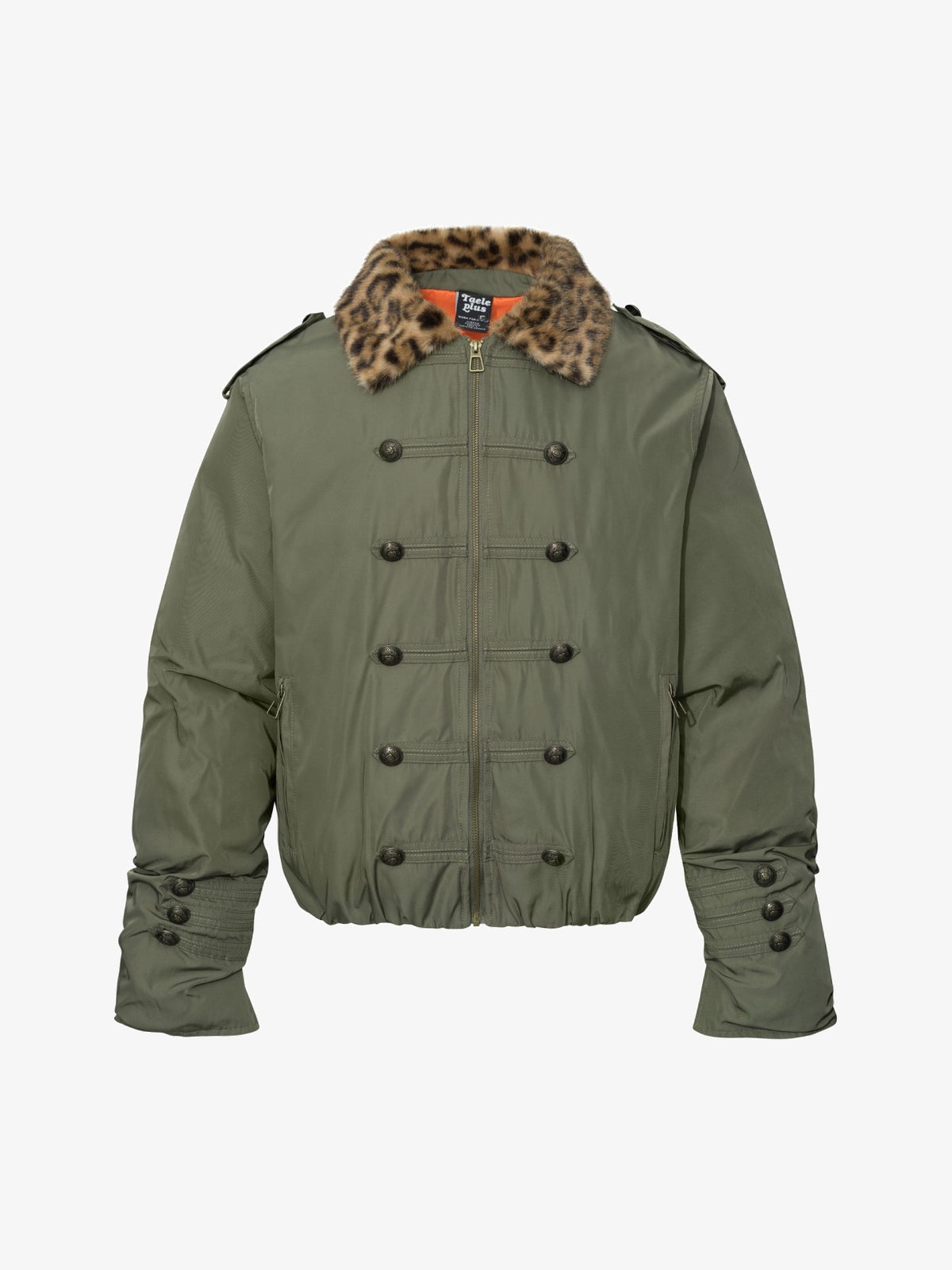 TAELE PLUS LEOPARD FAUX FUR COLLAR JACKET; Gray Green; front view