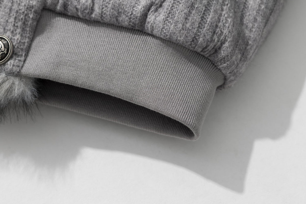 TAELE PLUS DOUBLE BREASTED FUR COLLAR JACKET; Heather Gray; garment construction detail