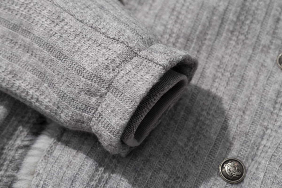 TAELE PLUS DOUBLE BREASTED FUR COLLAR JACKET; Heather Gray; garment construction detail