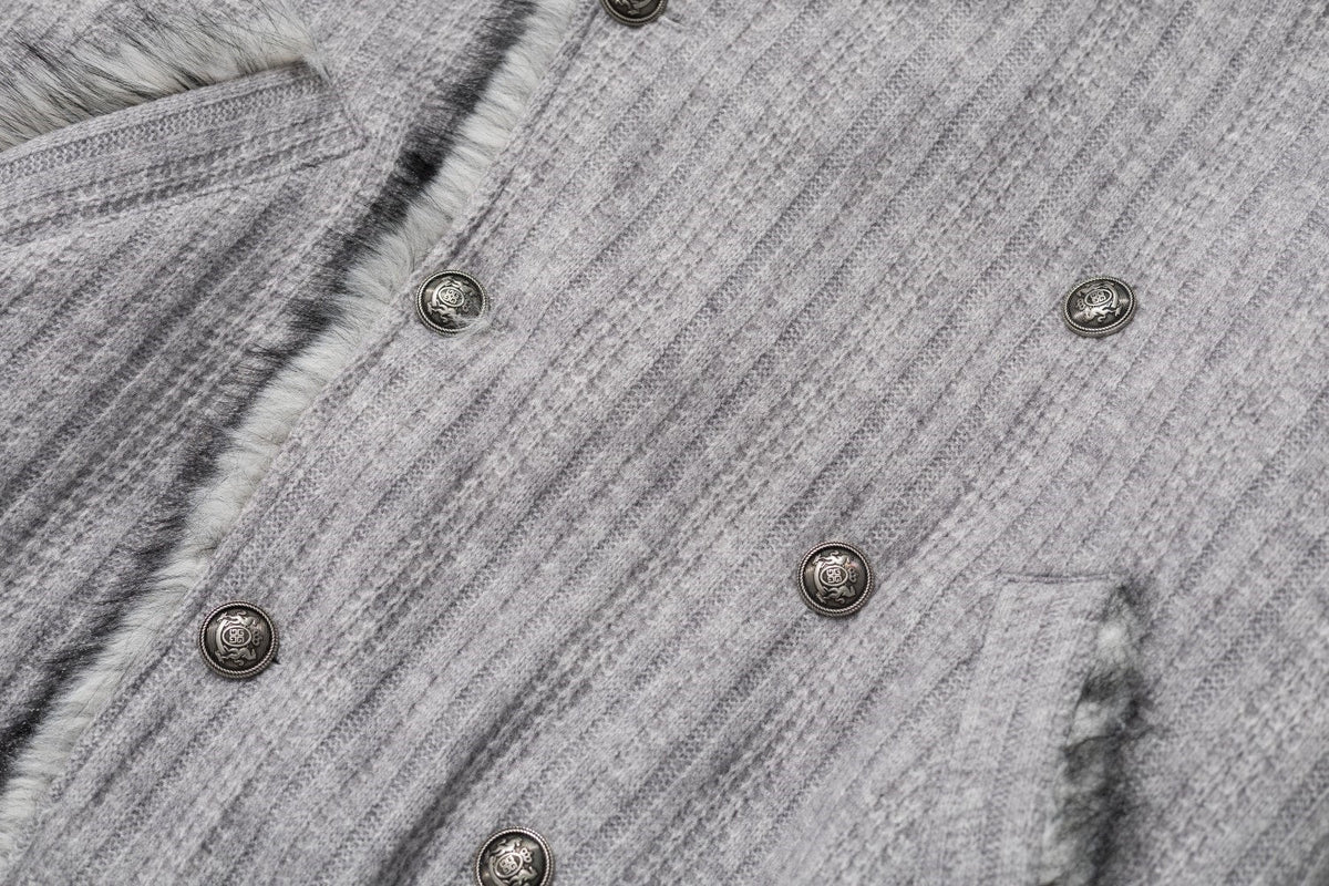 TAELE PLUS DOUBLE BREASTED FUR COLLAR JACKET; Heather Gray; design detail