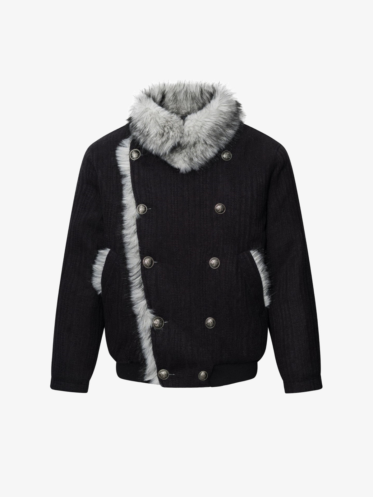 TAELE PLUS DOUBLE BREASTED FUR COLLAR JACKET; Black; front view