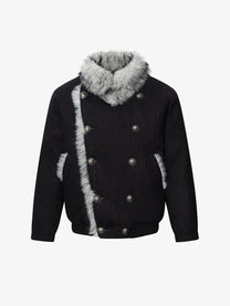 TAELE PLUS DOUBLE BREASTED FUR COLLAR JACKET; Black; front view