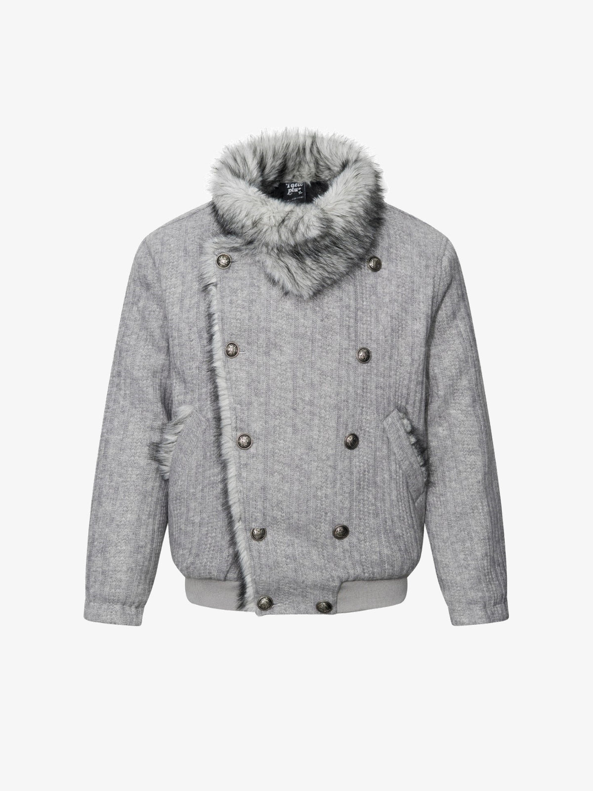 TAELE PLUS DOUBLE BREASTED FUR COLLAR JACKET; Heather Gray; front view