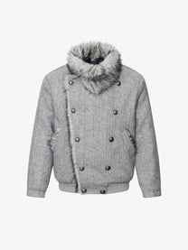 TAELE PLUS DOUBLE BREASTED FUR COLLAR JACKET; Heather Gray; front view