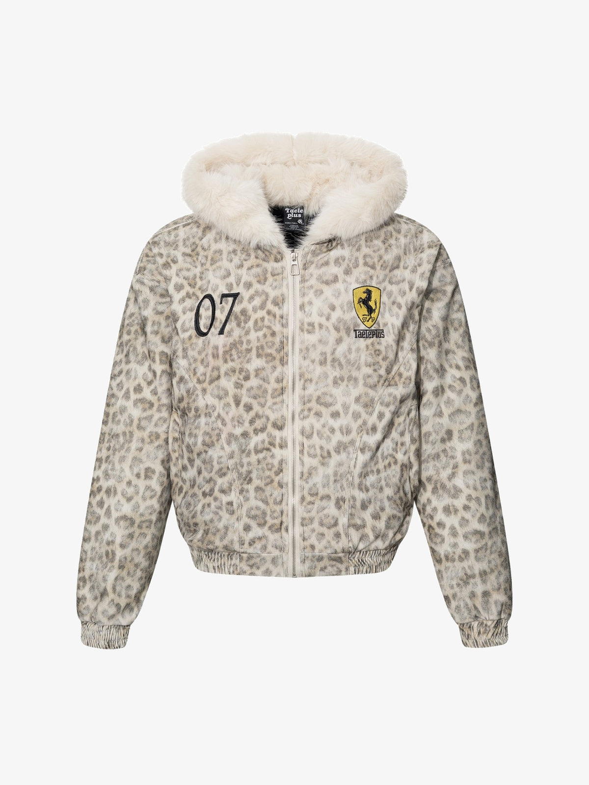 TAELE PLUS LEOPARD FAUX FUR HOODED JACKET; Beige Leopard; front view