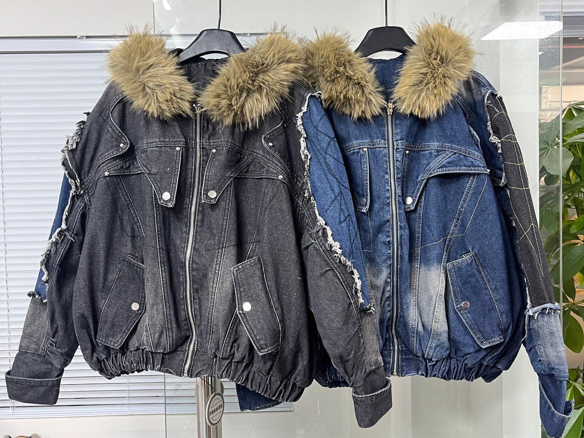 ZHANLAI FUR HOOD COLORBLOCK JACKET; Black, Blue; multiple colorways shown together