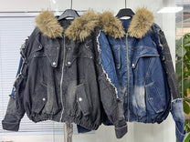 ZHANLAI FUR HOOD COLORBLOCK JACKET; Black, Blue; multiple colorways shown together