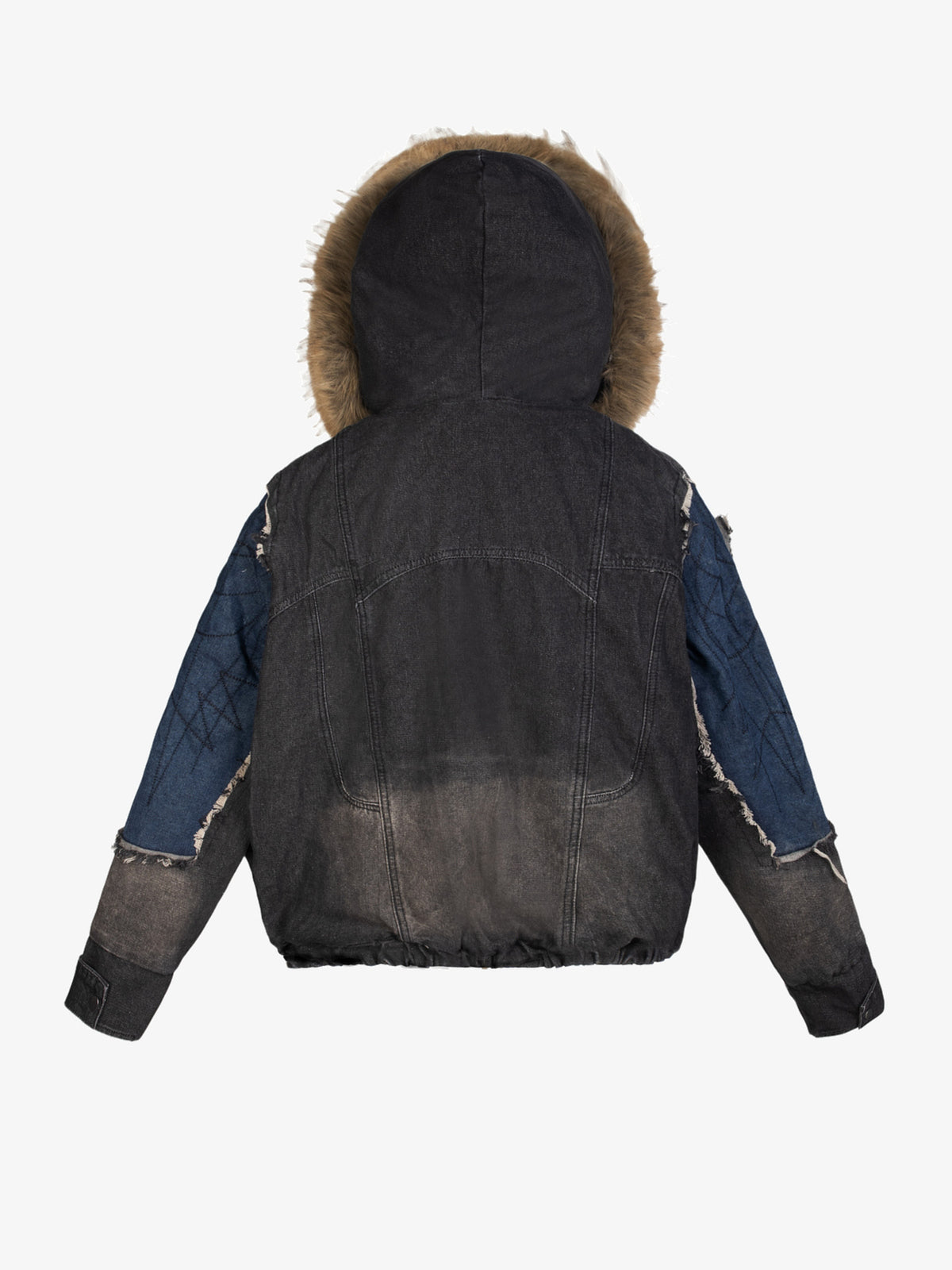 ZHANLAI FUR HOOD COLORBLOCK JACKET; Black; back view