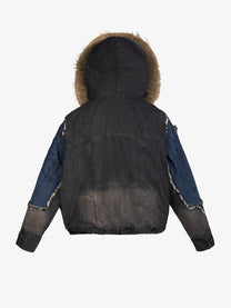 ZHANLAI FUR HOOD COLORBLOCK JACKET; Black; back view