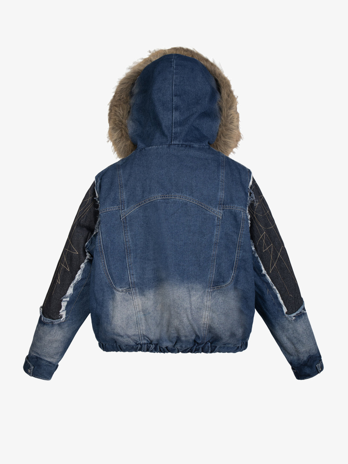 ZHANLAI FUR HOOD COLORBLOCK JACKET; Blue; back view