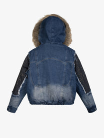 ZHANLAI FUR HOOD COLORBLOCK JACKET; Blue; back view