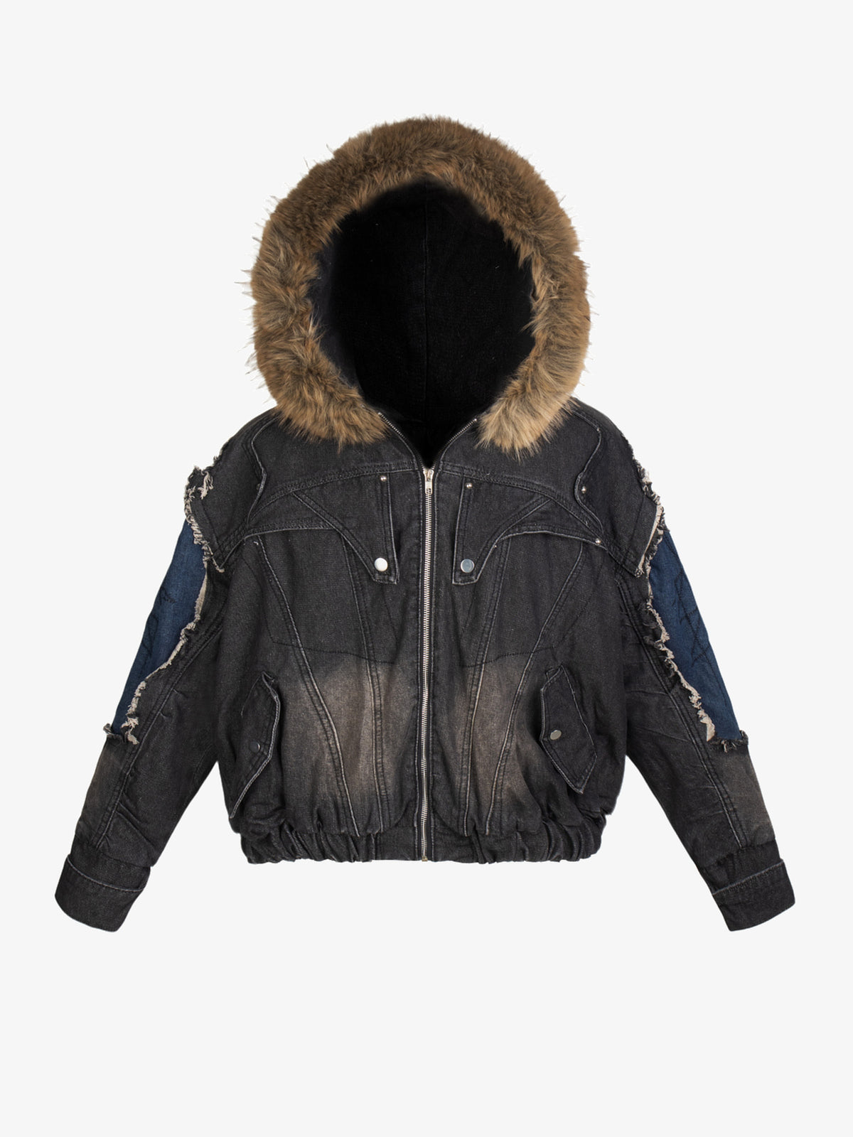 ZHANLAI FUR HOOD COLORBLOCK JACKET; Black; front view