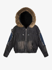 ZHANLAI FUR HOOD COLORBLOCK JACKET; Black; front view