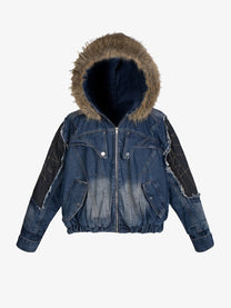 ZHANLAI FUR HOOD COLORBLOCK JACKET; Blue; front view