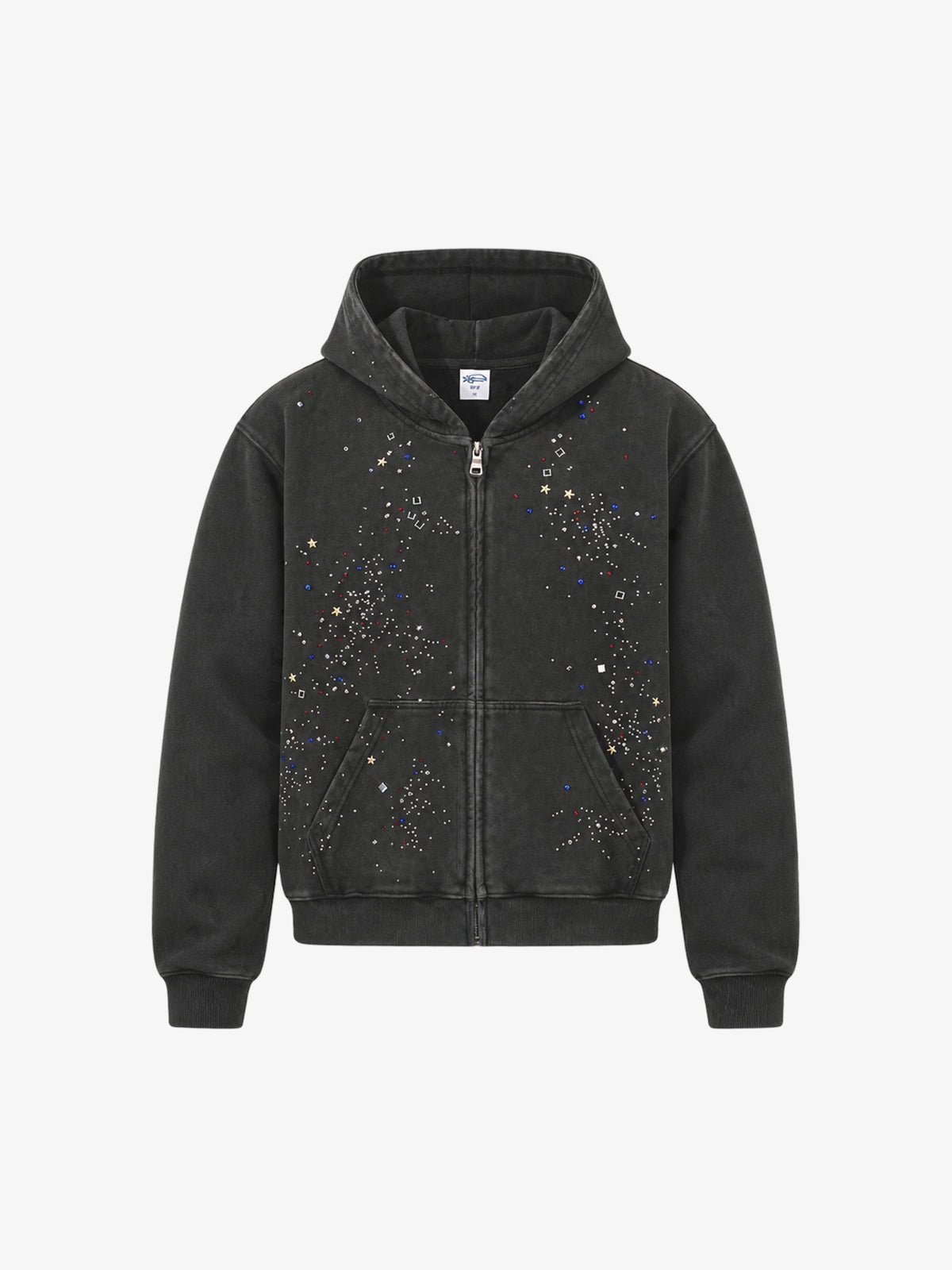 ARTIE MASTER DISTRESSED RHINESTONE ZIP HOODIE; Black; front view