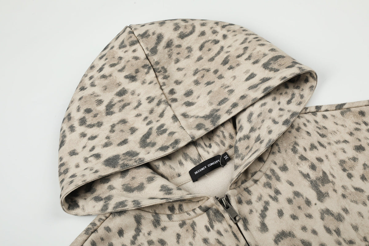 DC LEOPARD PRINT ZIP UP HOODIE; Leopard; garment construction detail