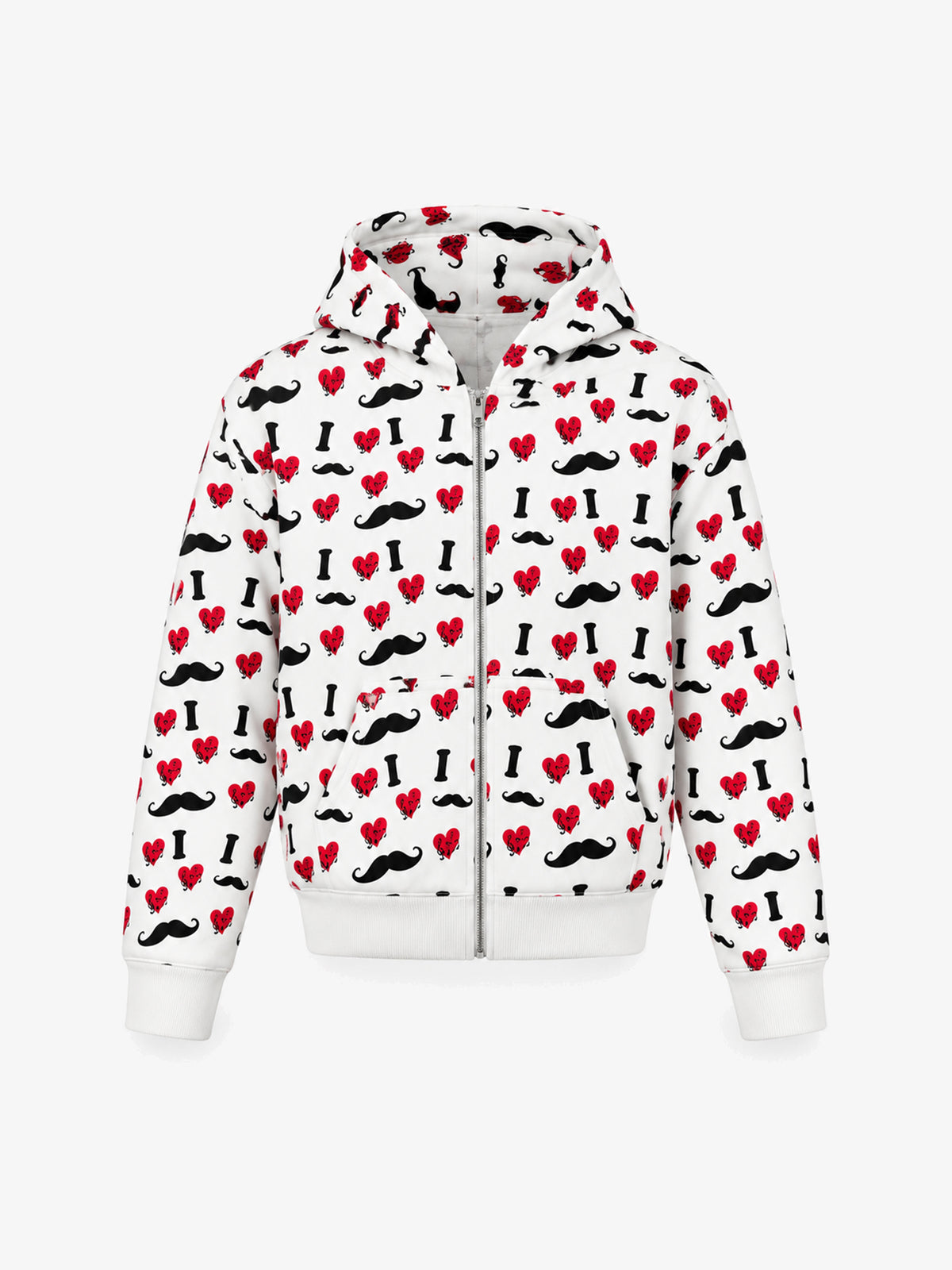 DETW MUSTACHE HEART PRINT ZIP HOODIE; White; front view
