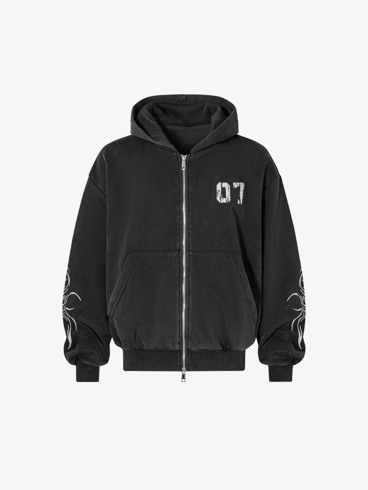 GUO WEAR 07 TREE ZIP UP HOODIE; Black; front view