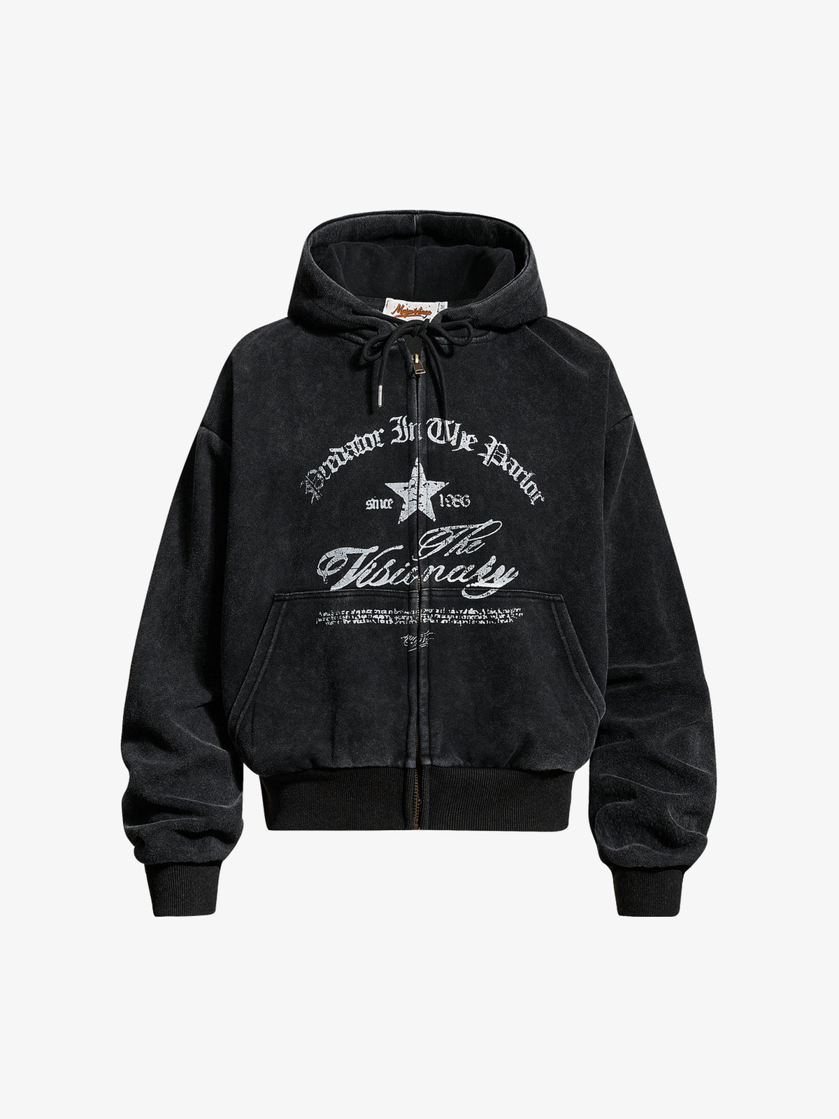 INSERROR MAFA ORNATE SCRIPT ZIP UP HOODIE; Black; front view