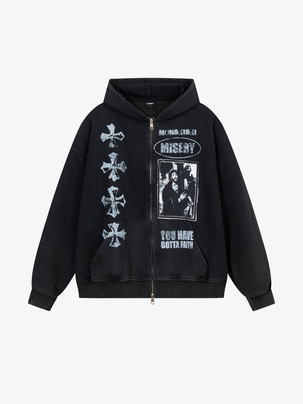 LAYFU HOME CROSS PATCH ZIP UP HOODIE; Washed Black; front view