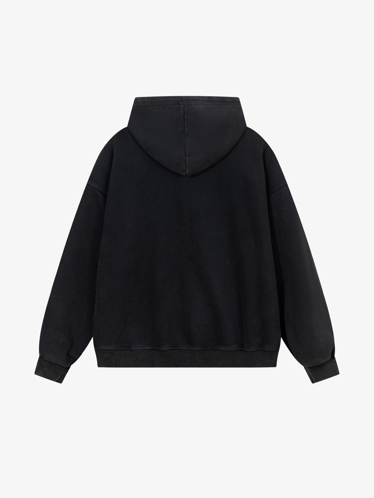 LAYFU HOME CROSS PATCH ZIP UP HOODIE; Washed Black; back view