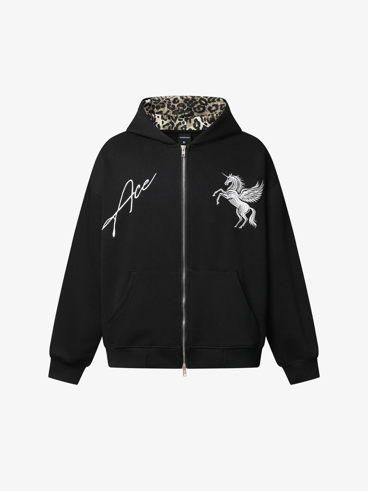 MADEGPSR PEGASUS EMBROIDERY ZIP UP HOODIE; Black; front view