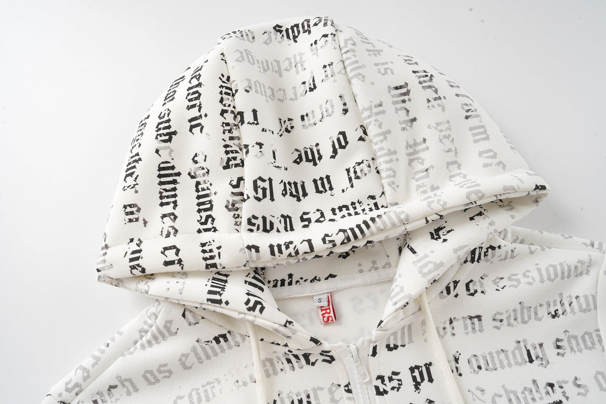 MERSHIER ALL OVER TEXT PRINT HOODIE; White; garment construction detail