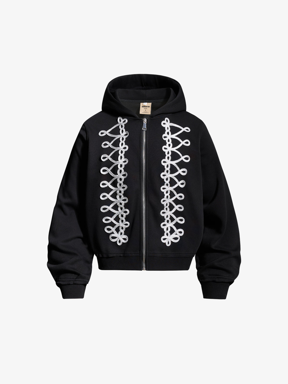 OREETA BRAID TRIM ZIP HOODIE; Black; front view