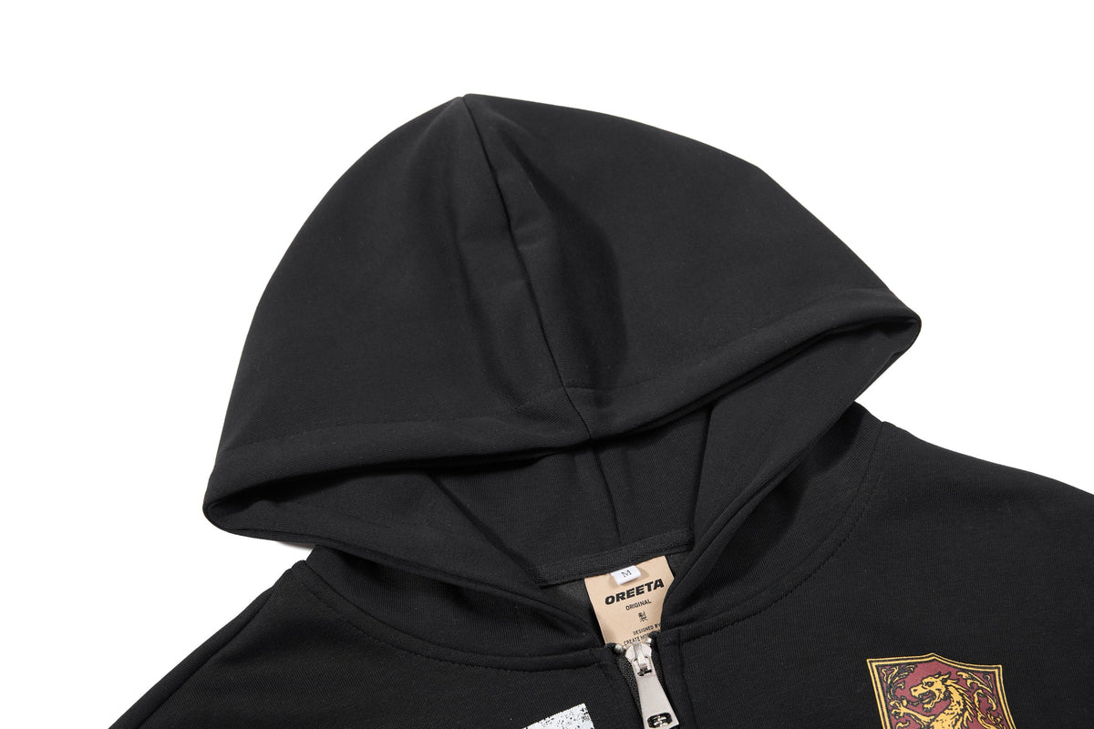 OREETA 565 CREST ZIP UP HOODIE; Black; garment construction detail