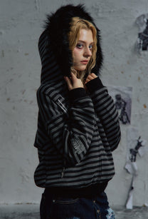 PAIKI STRIPED TEXTURED TRIM HOODIE; Black; model view