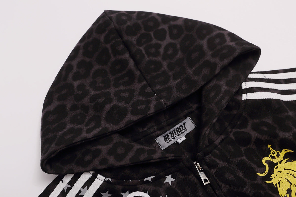 REHTRELT LEOPARD STRIPE ZIP UP HOODIE; Black Leopard; garment construction detail