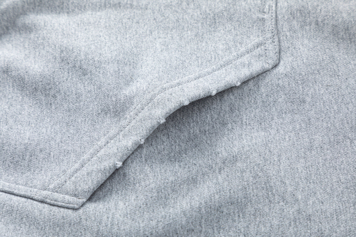 TRYTHM CLUB FADED HORIZON ZIP HOODIE; Heather Gray; garment construction detail