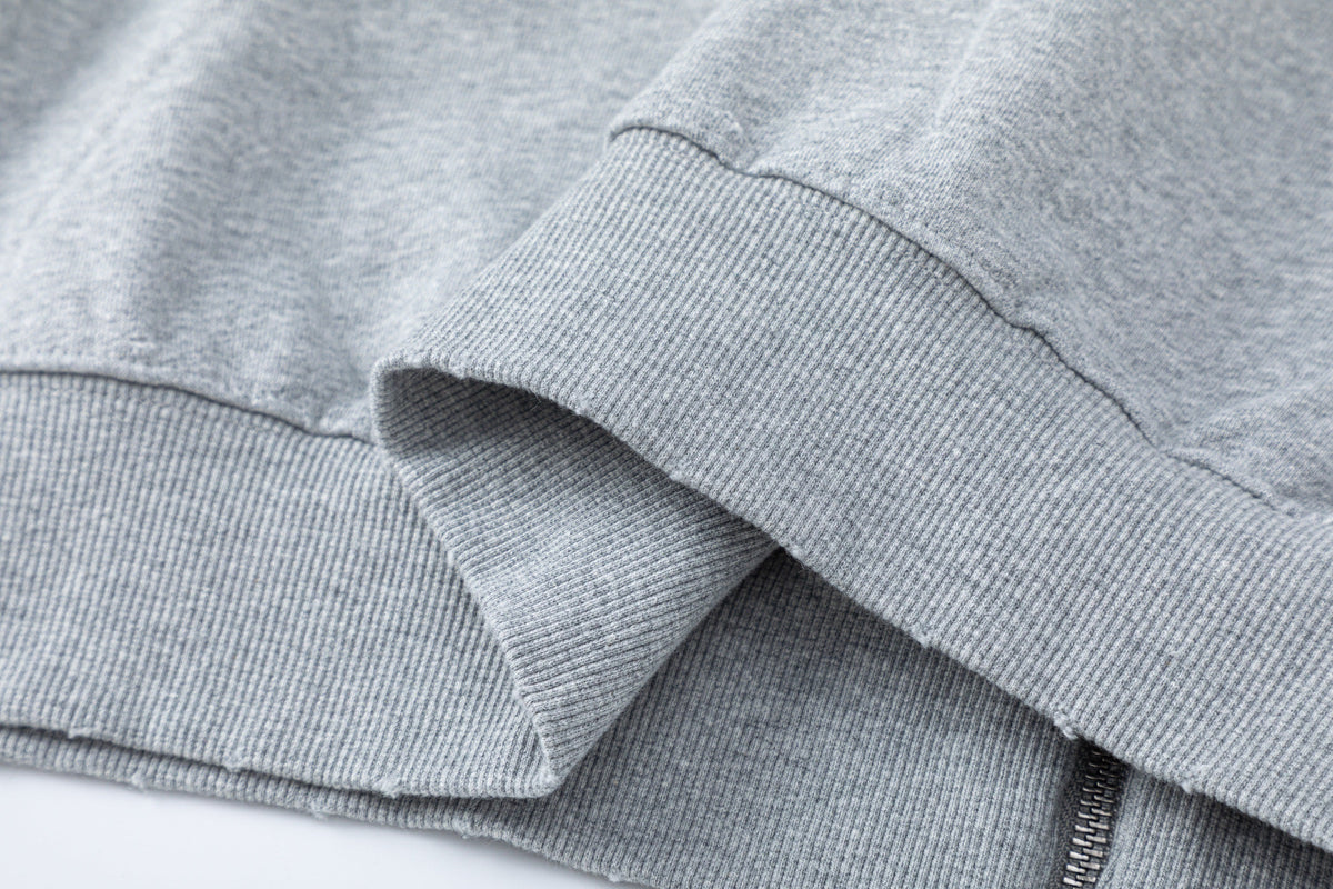 TRYTHM CLUB FADED HORIZON ZIP HOODIE; Heather Gray; garment construction detail