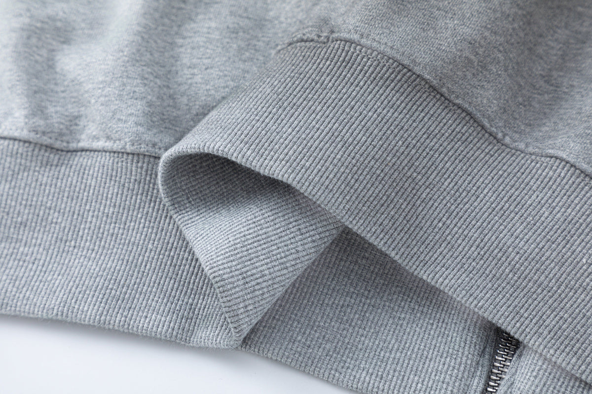 TRYTHM CLUB PHOTO COLLAGE ZIP UP HOODIE; Heather Gray; garment construction detail
