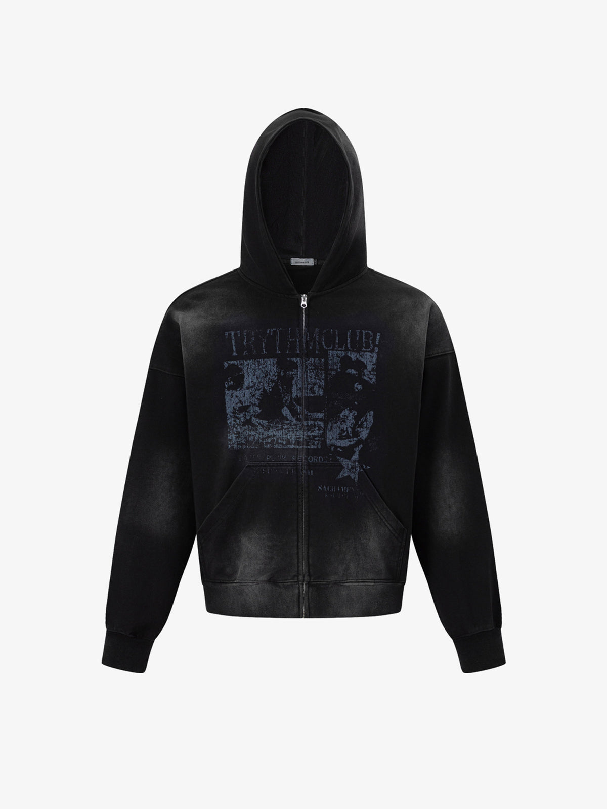 TRYTHM CLUB PHOTO COLLAGE ZIP UP HOODIE; Black; front view