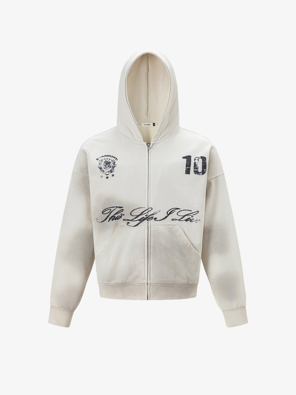 TRYTHM CLUB NUMBER 10 ZIP UP HOODIE; Cream; front view