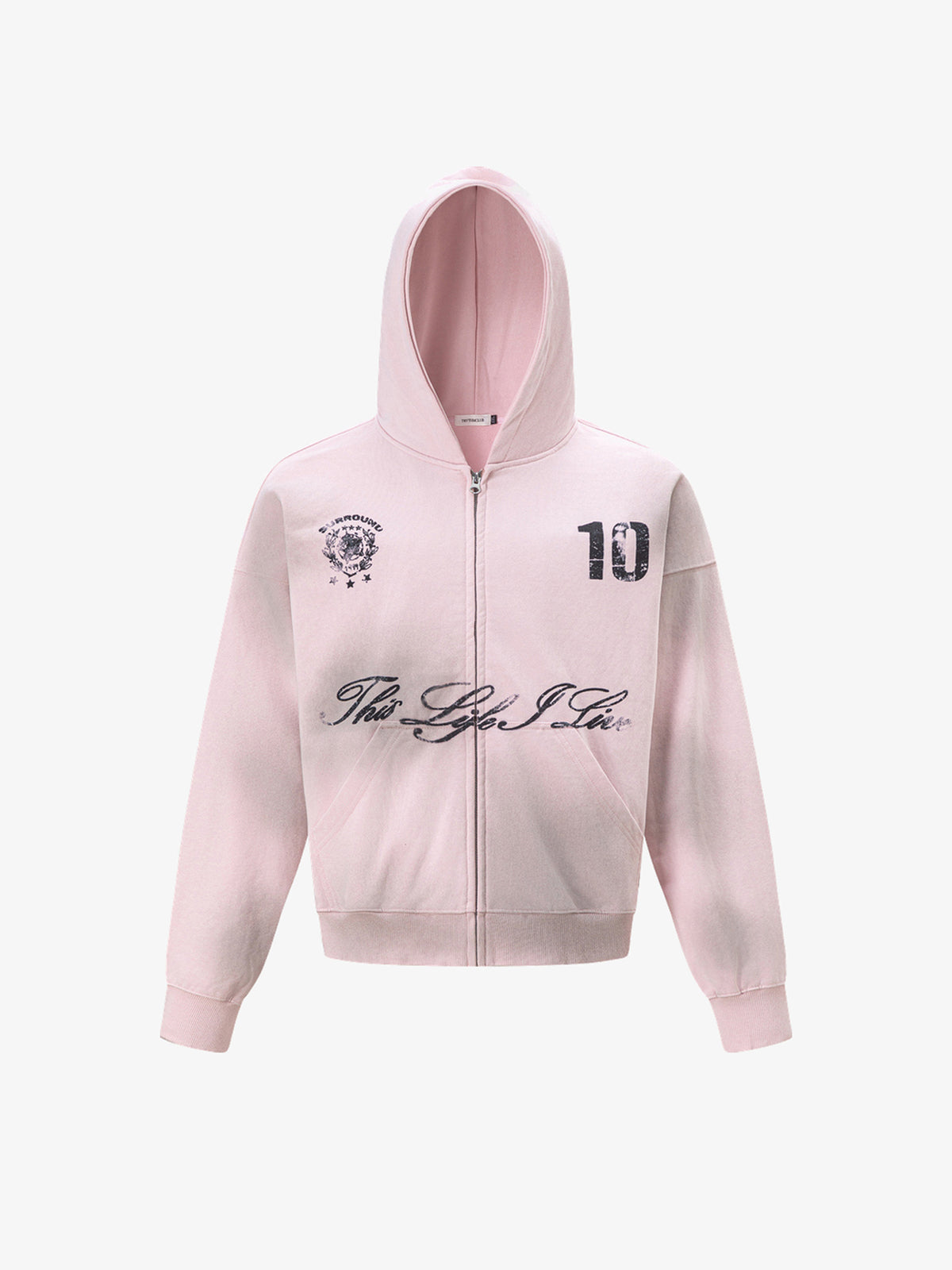 TRYTHM CLUB NUMBER 10 ZIP UP HOODIE; Pink; front view