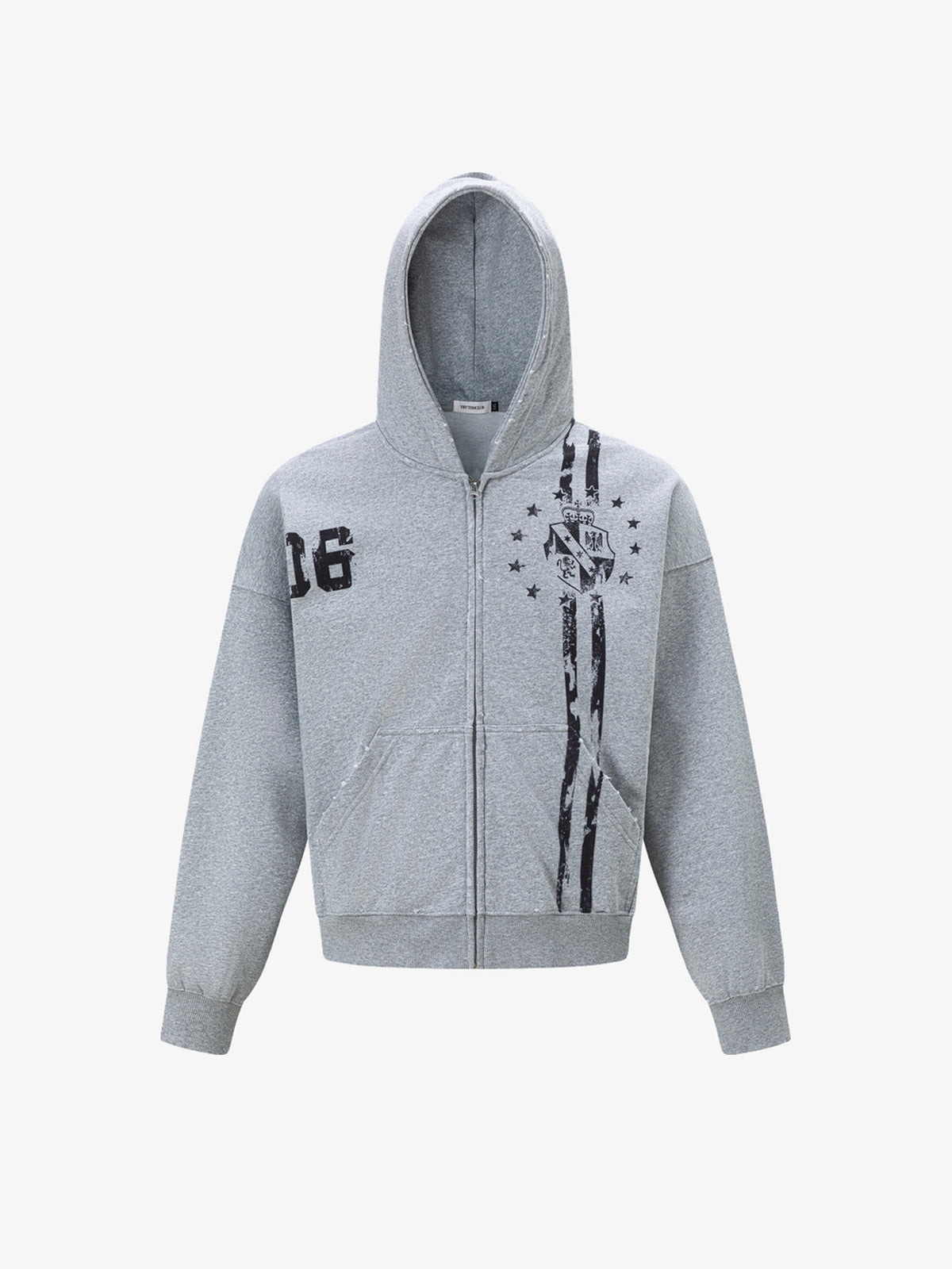 TRYTHM CLUB 06 SHIELD ZIP UP HOODIE; Gray; front view