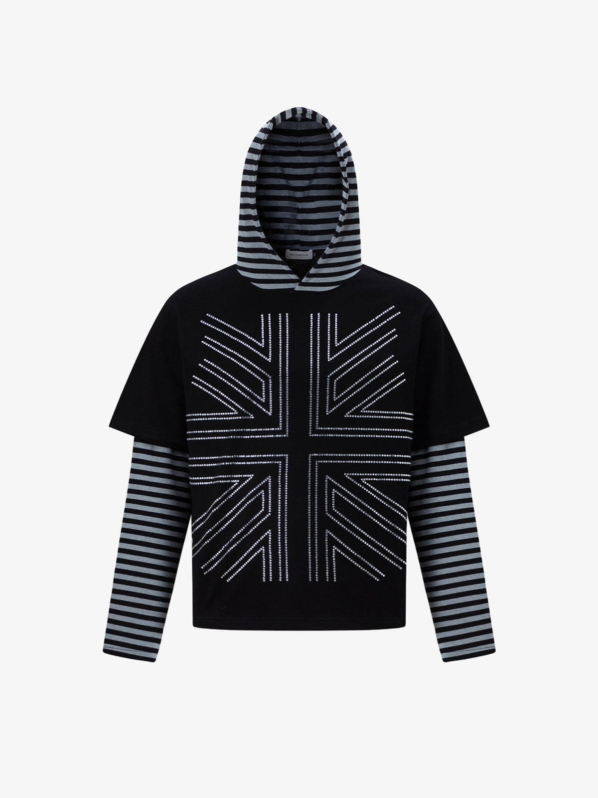 TRYTHM CLUB STRIPED FLAG LAYERED HOODIE; Black; front view
