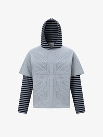 TRYTHM CLUB STRIPED FLAG LAYERED HOODIE; Gray; front view