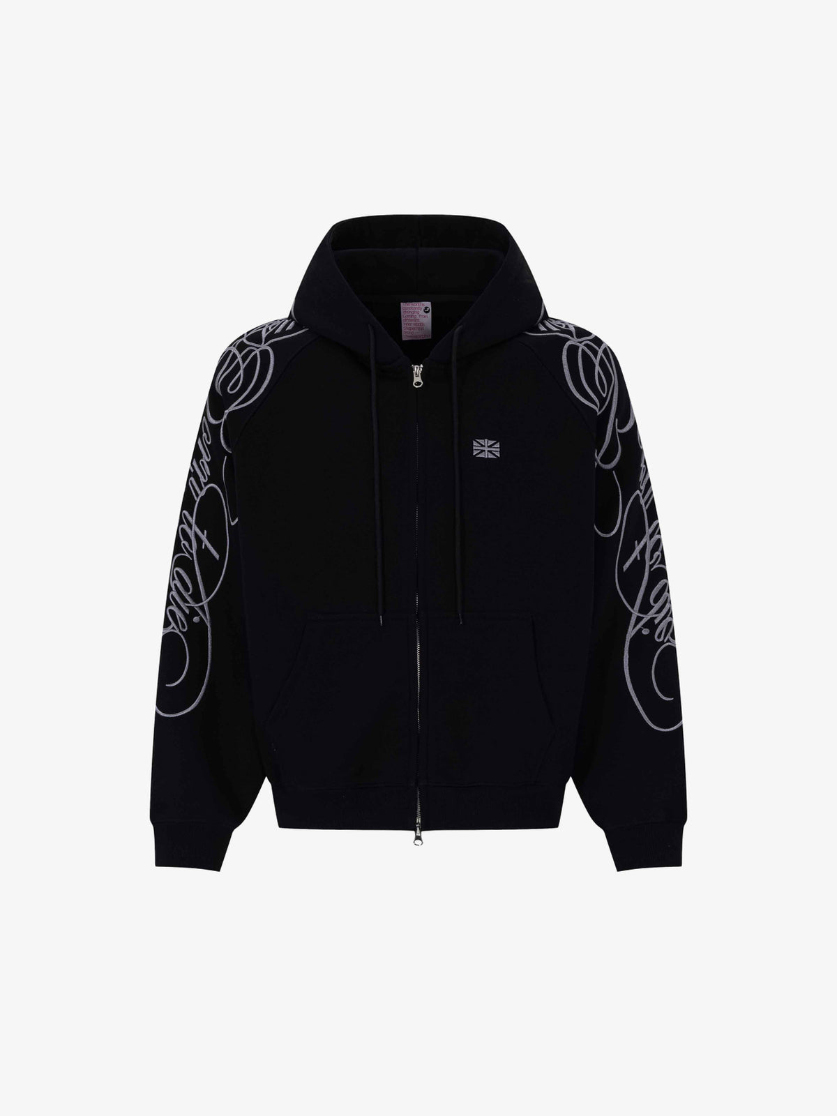 UNUSUAL ORIGINAL ORNAMENTAL EMBROIDERY ZIP UP HOODIE; Black; front view