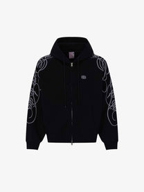 UNUSUAL ORIGINAL ORNAMENTAL EMBROIDERY ZIP UP HOODIE; Black; front view