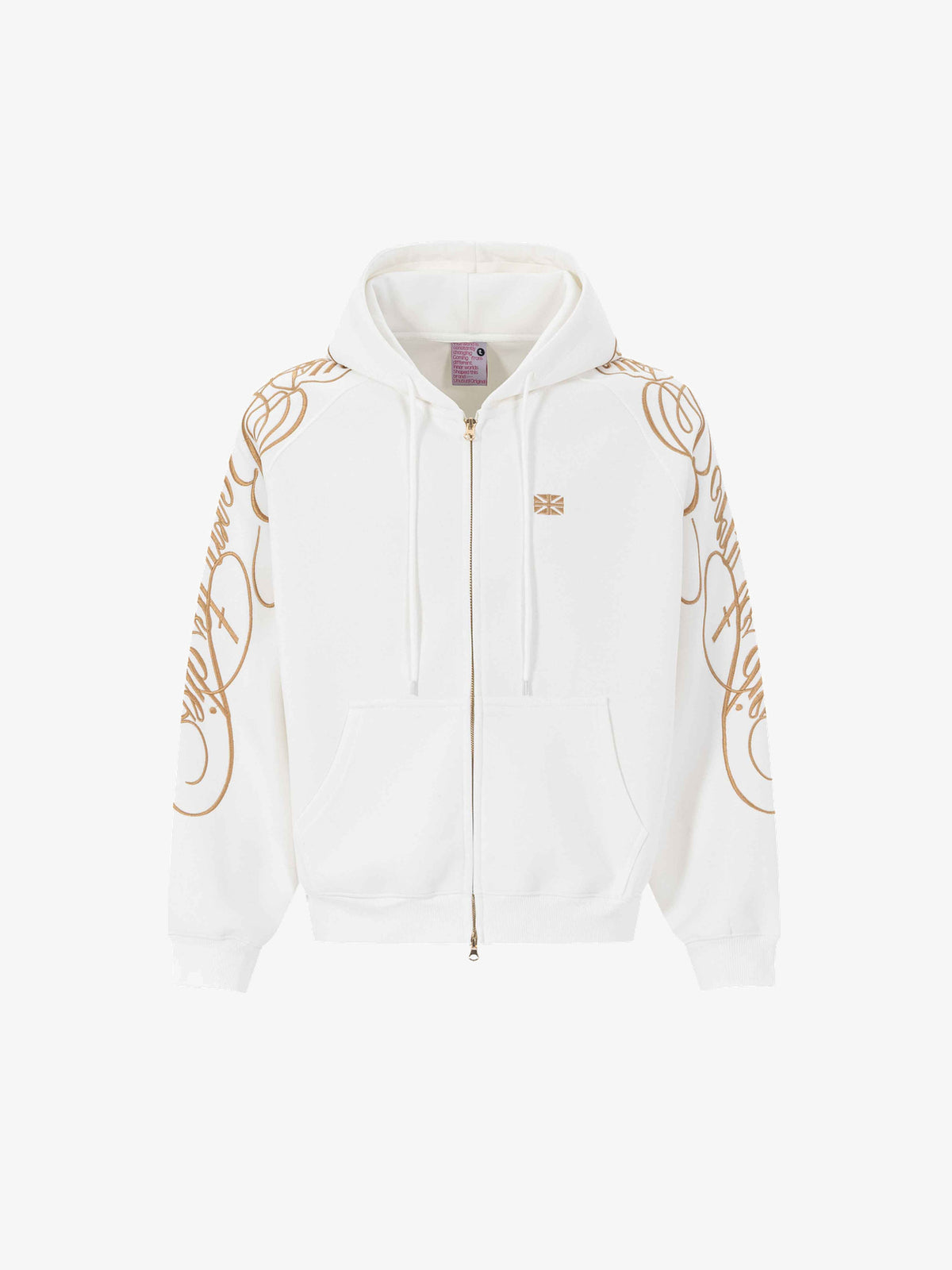 UNUSUAL ORIGINAL ORNAMENTAL EMBROIDERY ZIP UP HOODIE; White; front view