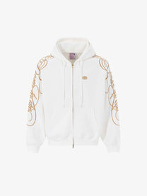 UNUSUAL ORIGINAL ORNAMENTAL EMBROIDERY ZIP UP HOODIE; White; front view