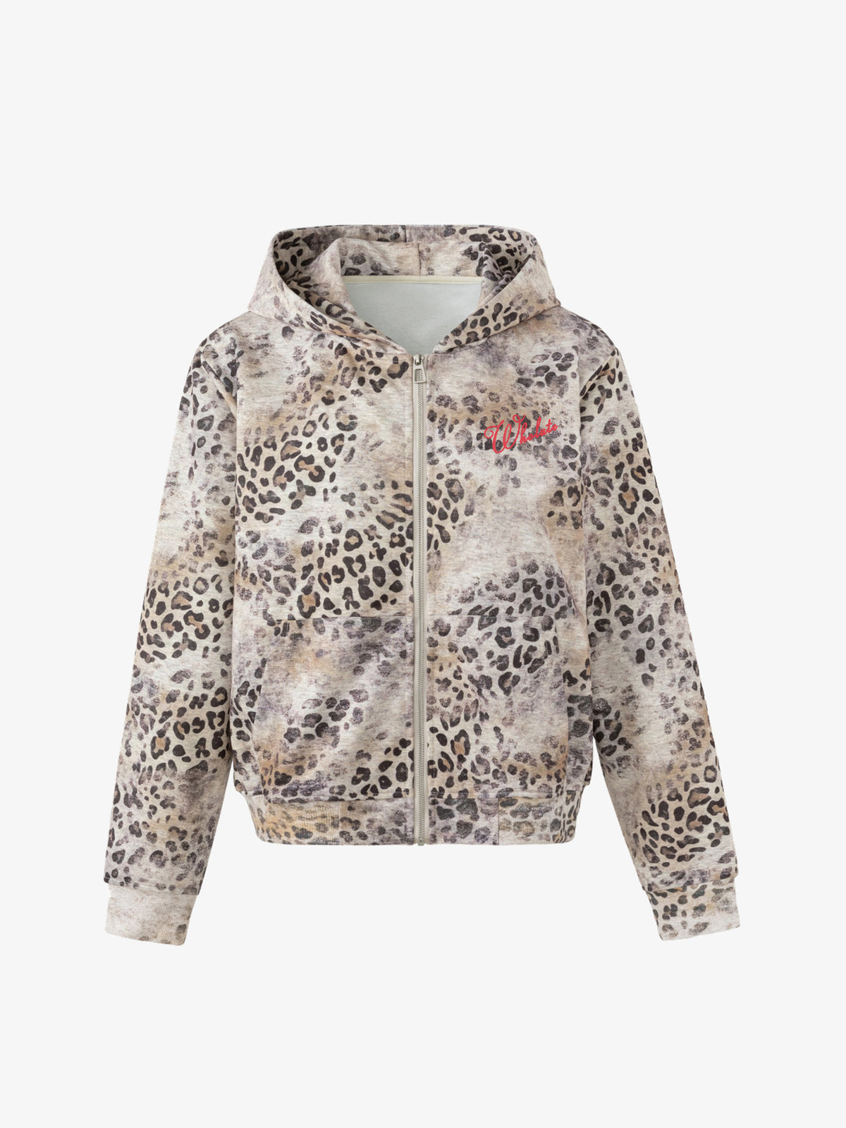 WHOLATE GRAPHIC LEOPARD ZIP UP HOODIE; Leopard; front view