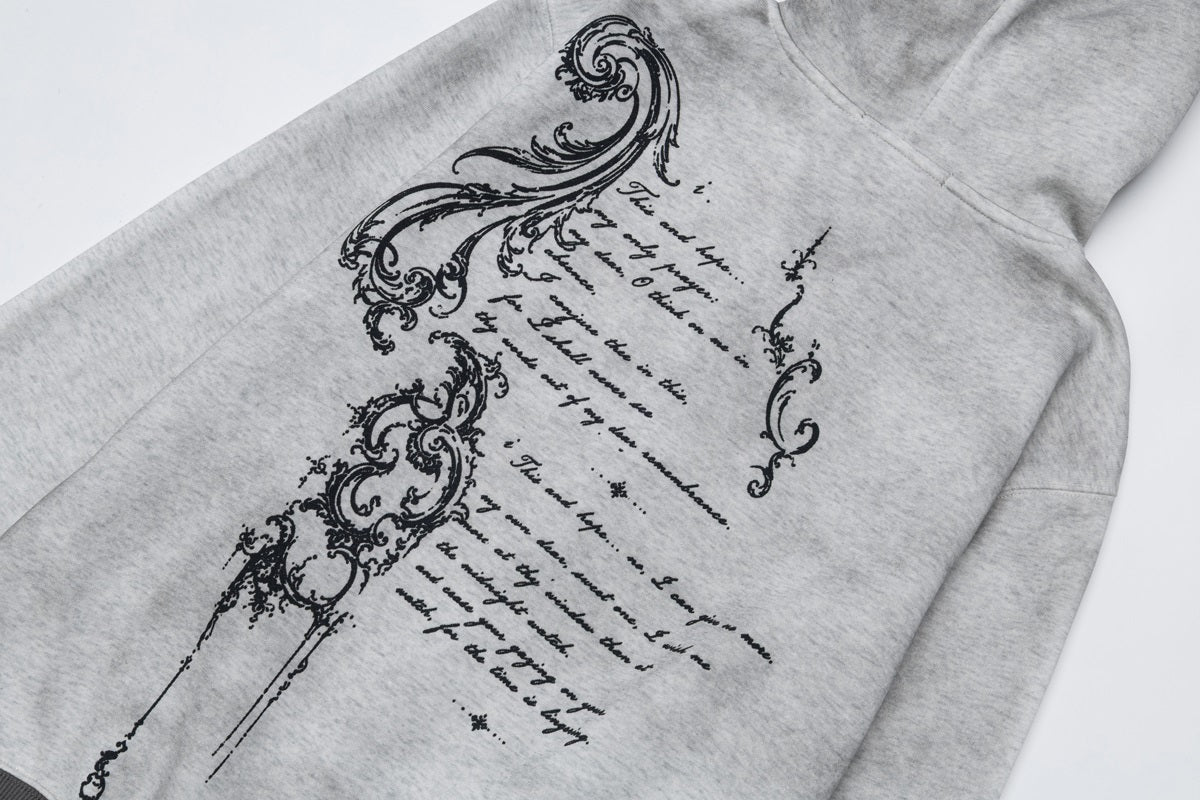 WOODLISE WASHED TONAL PRINT ZIP HOODIE; Heather Gray; design detail