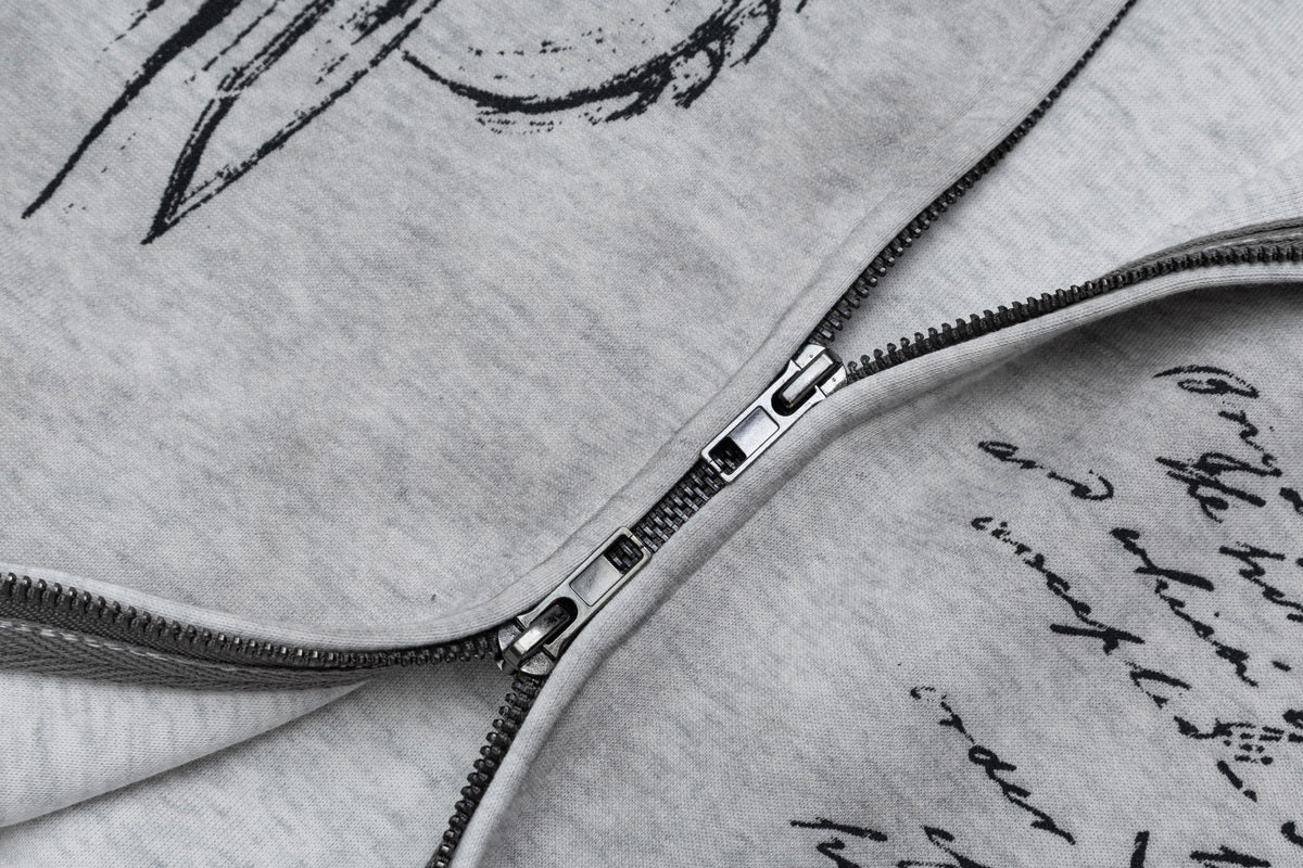 WOODLISE WASHED TONAL PRINT ZIP HOODIE; Heather Gray; garment construction detail