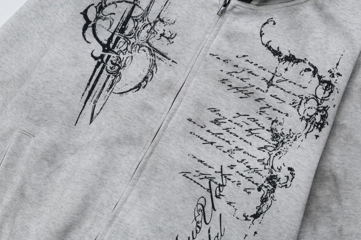 WOODLISE WASHED TONAL PRINT ZIP HOODIE; Heather Gray; design detail