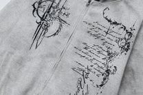 WOODLISE WASHED TONAL PRINT ZIP HOODIE; Heather Gray; design detail