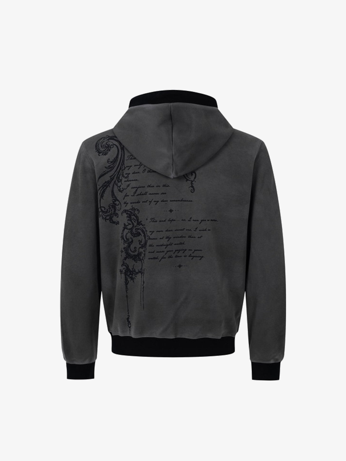 WOODLISE WASHED TONAL PRINT ZIP HOODIE; Dark Gray; back view